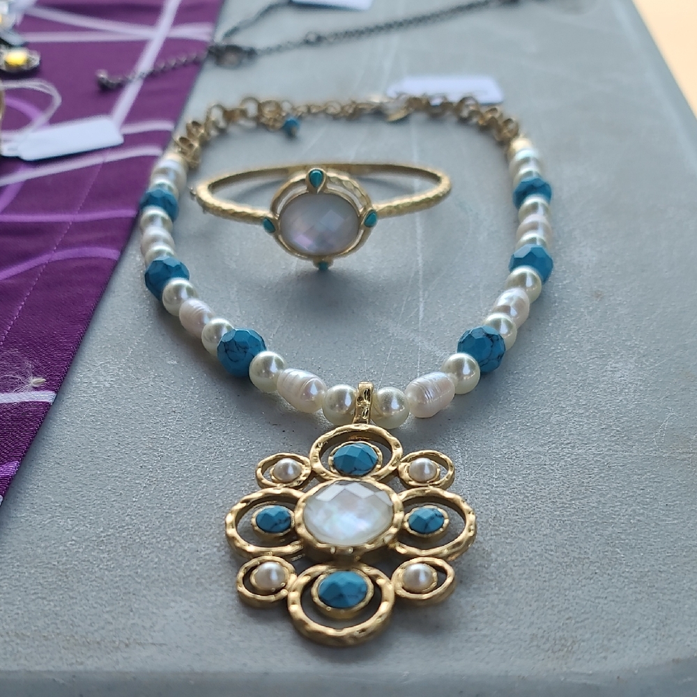Lia Sophia "Hellenic" Elegant Gold and Blue Pearl Necklace and Bracelet Set